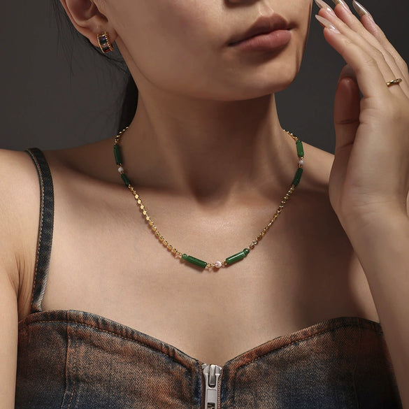 Green Dongling Stone And Stainless Steel Bamboo Necklace With Electroplating For Women Light Luxury Style Geometric Design