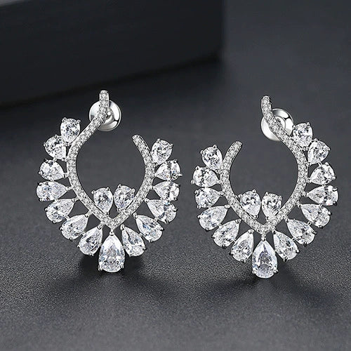Green Geometric Flower Stud Earrings For Women Electroplated Copper With Zircon Inlay Fashion Statement Jewelry