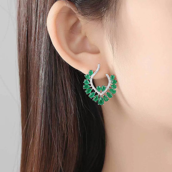 Green Geometric Flower Stud Earrings For Women Electroplated Copper With Zircon Inlay Fashion Statement Jewelry