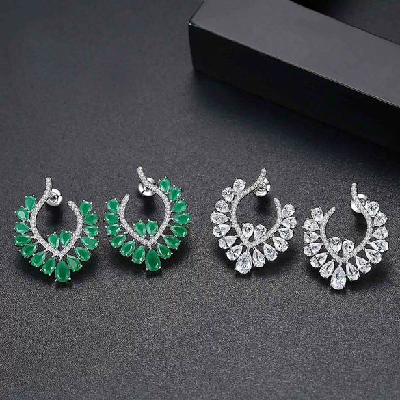 Green Geometric Flower Stud Earrings For Women Electroplated Copper With Zircon Inlay Fashion Statement Jewelry