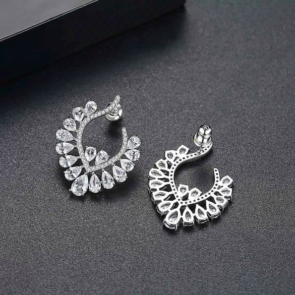 Green Geometric Flower Stud Earrings For Women Electroplated Copper With Zircon Inlay Fashion Statement Jewelry