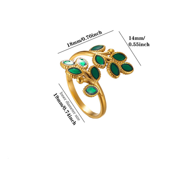 Green Leaf And Butterfly Ring With Dripping Oil Finish Simple Botanical Open Finger Ring For Women Wholesale