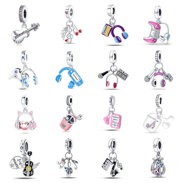 Guitar Headphone Charm Beads Jewelry Accessories Silverplated Copper Dripping Oil Style Compatible With Pandora Bracelets