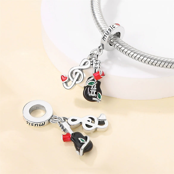 Guitar Music Symbol Beaded Pendant Copper Silver Plated Dripping Oil Design