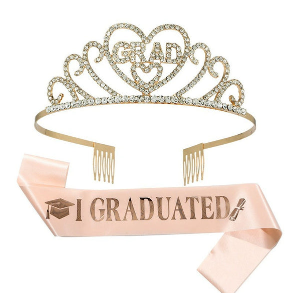 Hair Accessories Alloy Rhinestone Letter Crown Shoulder Strap Ribbon 2Piece Set For Graduation Party