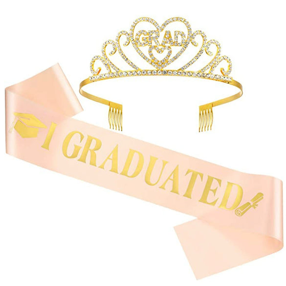 Hair Accessories Alloy Rhinestone Letter Crown Shoulder Strap Ribbon 2Piece Set For Graduation Party