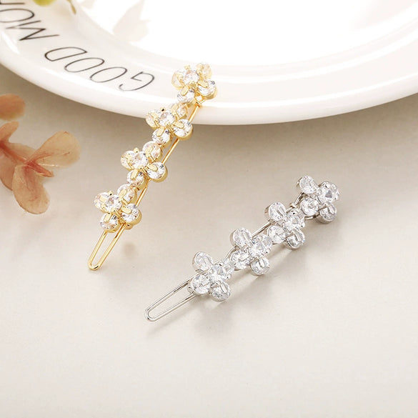 Hair Accessories Alloy Round Fourleaf Clover Sparkling Gem Zircon Electroplated Side Clip For Women
