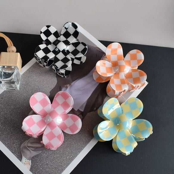 Hair Accessories Black And White Checkerboard Shark Clip Pvc Plastic Resin Painted Square Grab Clip