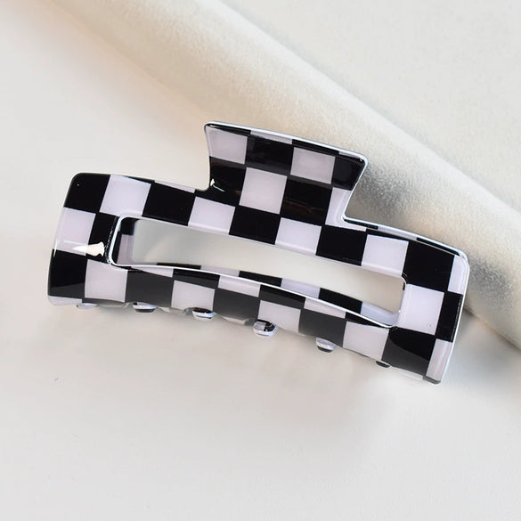 Hair Accessories Black And White Checkerboard Shark Clip Pvc Plastic Resin Painted Square Grab Clip