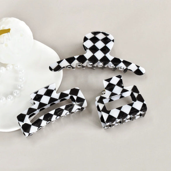 Hair Accessories Black And White Checkerboard Shark Clip Pvc Plastic Resin Painted Square Grab Clip