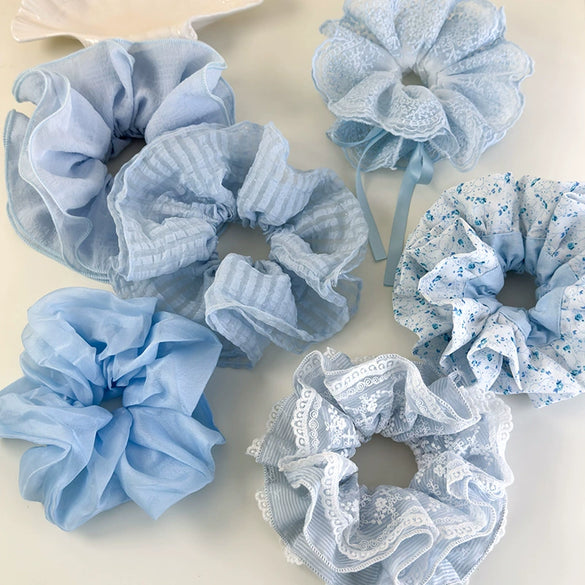 Hair Accessories Blue Lace Plaid Knitted Hair Ring For Women