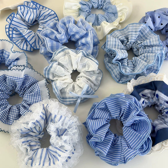 Hair Accessories Blue Lace Plaid Knitted Hair Ring For Women