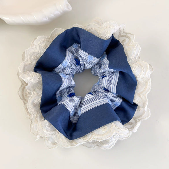 Hair Accessories Blue Lace Plaid Knitted Hair Ring For Women