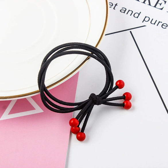 Hair Accessories Cloth Handmade Red Bead Cherry Hair Ring Hair Rope Hair Band