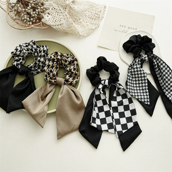 Hair Accessories Fabric Black And White Plaid Sausage Circle Bow Handmade