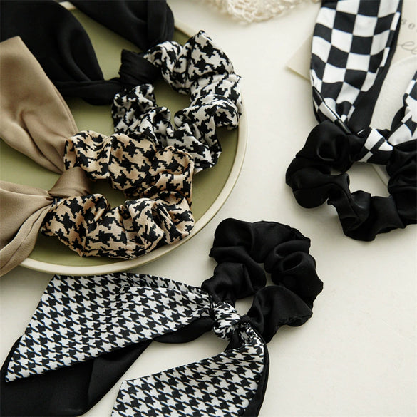 Hair Accessories Fabric Black And White Plaid Sausage Circle Bow Handmade