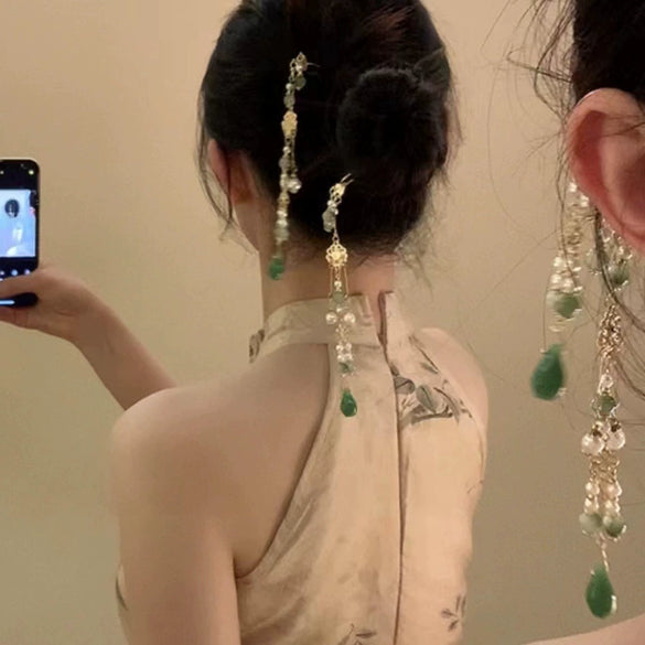 Hair Accessories Glass Glazed Flower Tassel Hairpin