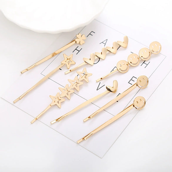 Hair Accessories Hairpin Zinc Alloy Heartshaped Fivepointed Star Smiley Face Fourleaf Clover Electroplating For Women