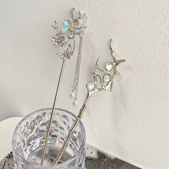 Hair Accessories Metal Handmade Moonstone Tassel Hairpin With Flower Pattern