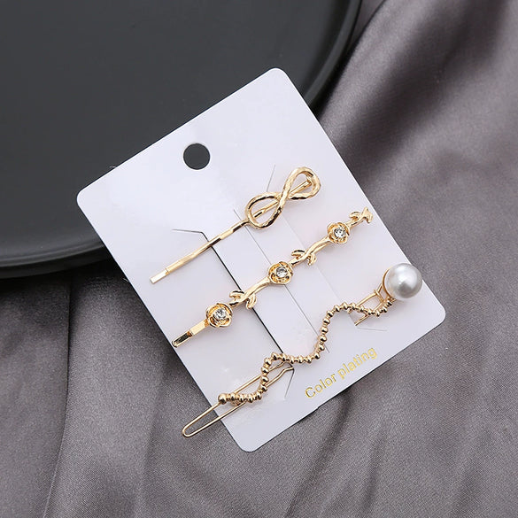 Hair Accessories Metal Rhinestone Pearl Electroplated Bangs Clip Side Clip Oneword Clip For Women