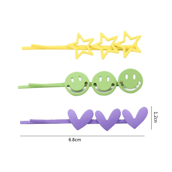 Hair Accessories Metal Texture Heart Shaped Five Pointed Star Smiley Face Spray Paint Word Clip Hairpin Zinc Alloy Baking Varnish For Women
