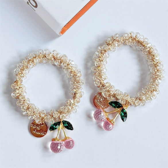 Hair Accessories Mixed Materials Handmade Cherry Rhinestone Glazed Crystal Hair Band Braided Hair Rope Rubber Band Headband With High Elasticity