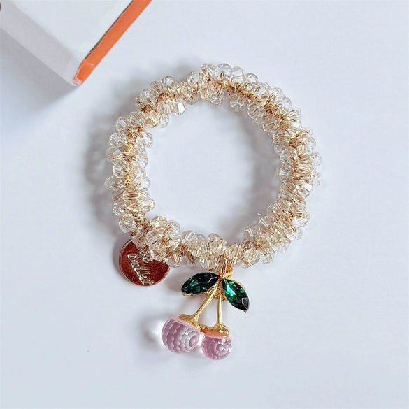 Hair Accessories Mixed Materials Handmade Cherry Rhinestone Glazed Crystal Hair Band Braided Hair Rope Rubber Band Headband With High Elasticity