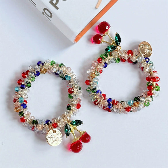 Hair Accessories Mixed Materials Handmade Cherry Rhinestone Glazed Crystal Hair Band Braided Hair Rope Rubber Band Headband With High Elasticity
