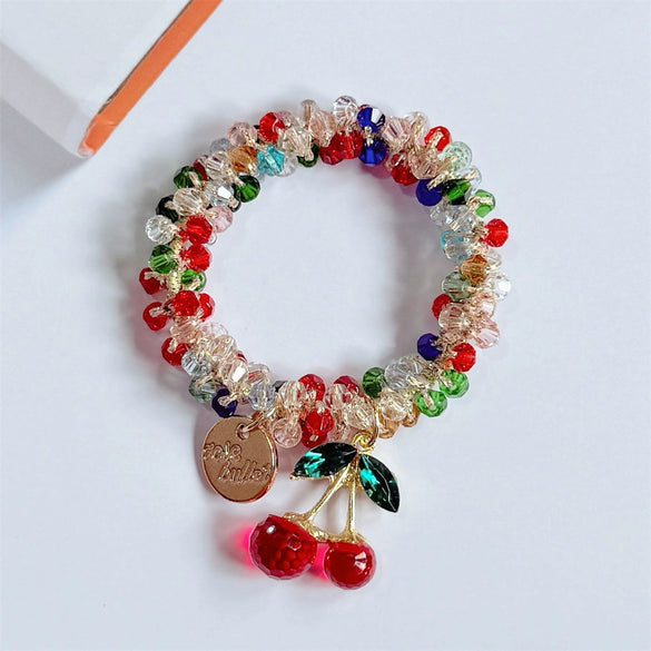 Hair Accessories Mixed Materials Handmade Cherry Rhinestone Glazed Crystal Hair Band Braided Hair Rope Rubber Band Headband With High Elasticity