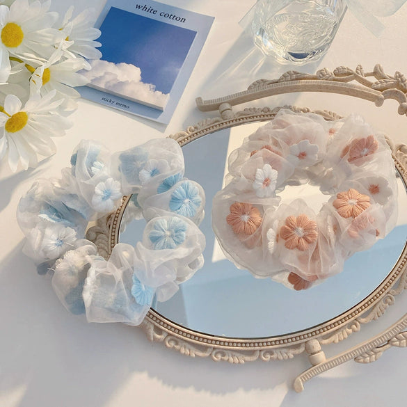 Hair Accessories Organza Mesh Handmade Hair Rope With Embroidered Flower
