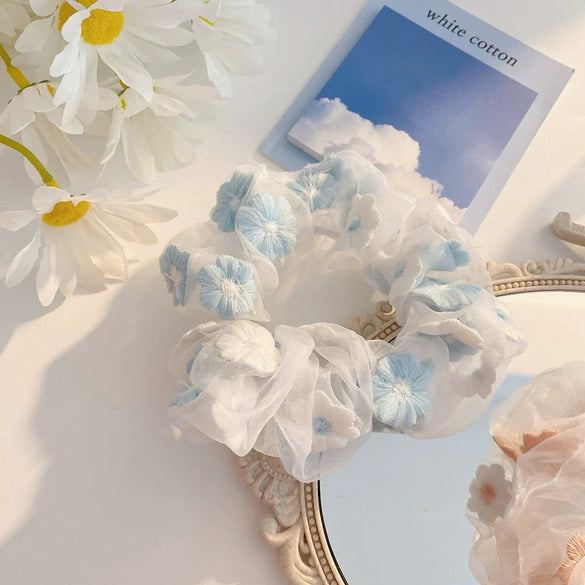 Hair Accessories Organza Mesh Handmade Hair Rope With Embroidered Flower