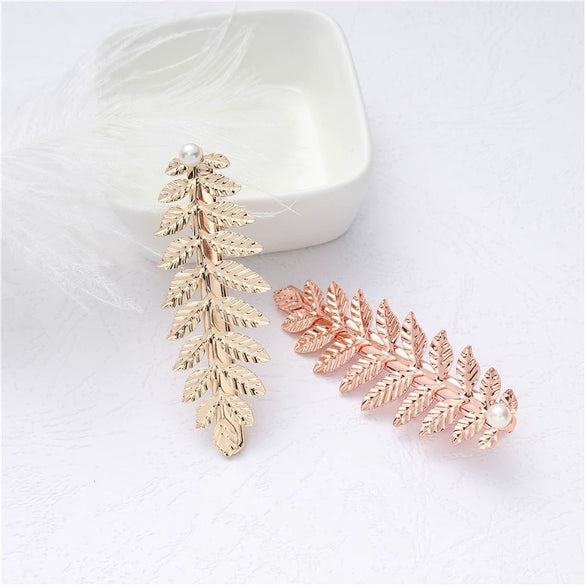 Hair Accessories Pearl Crystal Duckbill Clip Leaf Hairpin For Women Iron Material Baroque Style Electroplating