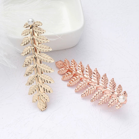 Hair Accessories Pearl Crystal Duckbill Clip Leaf Hairpin For Women Iron Material Baroque Style Electroplating