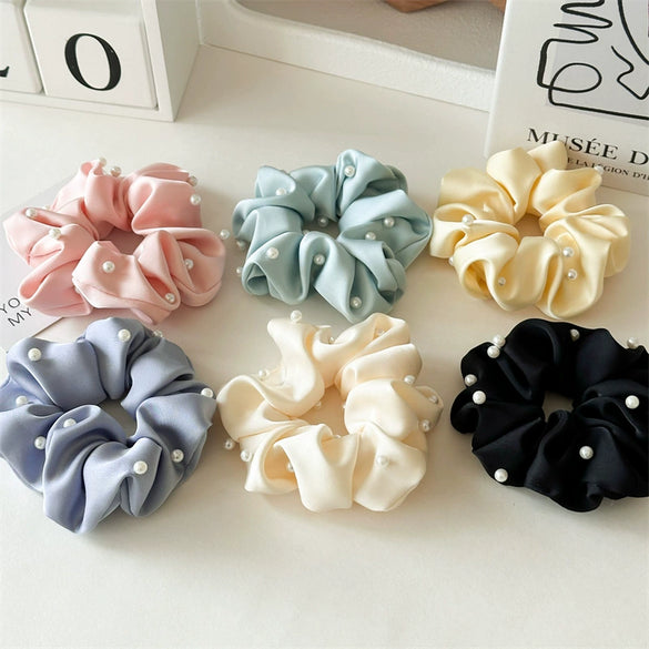 Hair Accessories Solid Color Satin Fabric Pearl Inlaid High Elastic Hair Ring