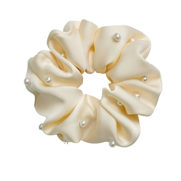 Hair Accessories Solid Color Satin Fabric Pearl Inlaid High Elastic Hair Ring