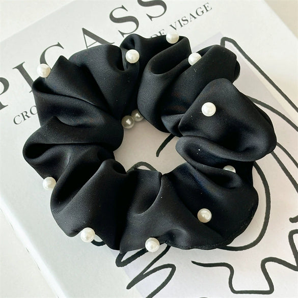 Hair Accessories Solid Color Satin Fabric Pearl Inlaid High Elastic Hair Ring