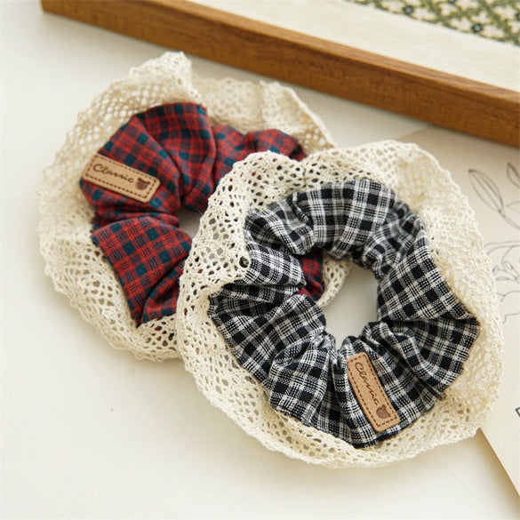 Hair Band Fabric Handmade Preppy Style Black And White Plaid Vintage Lace Edge