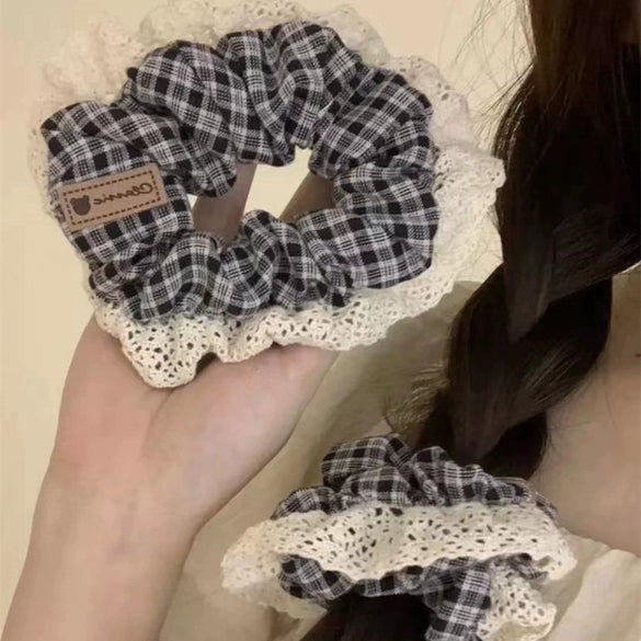 Hair Band Fabric Handmade Preppy Style Black And White Plaid Vintage Lace Edge