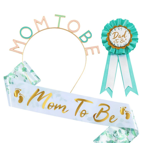 Hair Band Shoulder Strap Badge Three Piece Set For Mom To Be And Dad To Be Alloy Satin Cloth Tinplate Hot Stamping