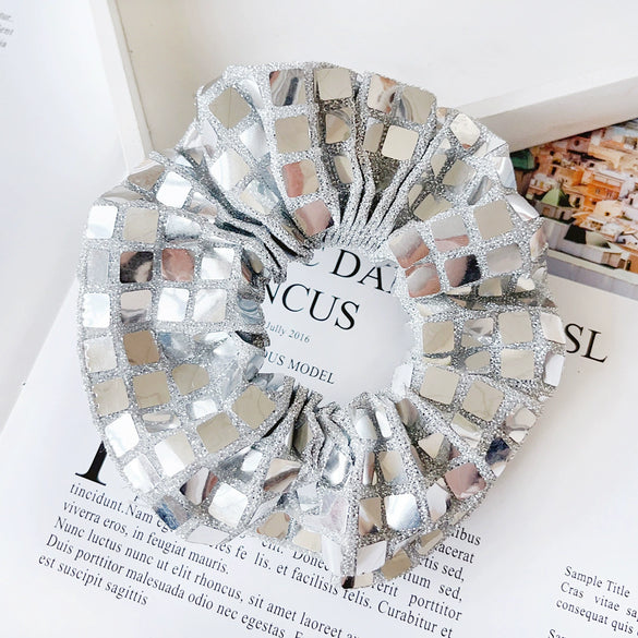 Hair Circle Black Silver Square Sequins Handmade Fabric High Elasticity Geometric Style
