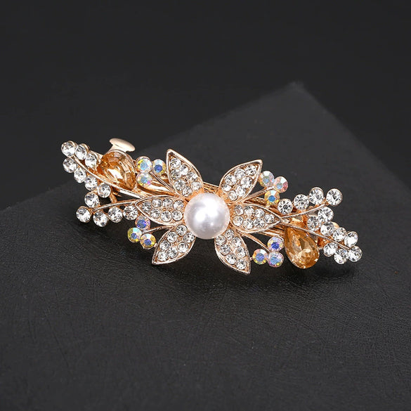 Hair Clip Alloy Rhinestone Pearl Bow Accessory For Women Electroplated Natural Style