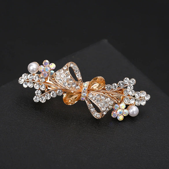 Hair Clip Alloy Rhinestone Pearl Bow Accessory For Women Electroplated Natural Style