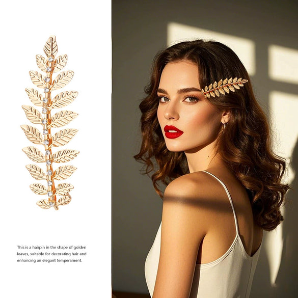 Hair Clip Iron Golden Leaf Rhinestone Baroque Style Electroplating For Women