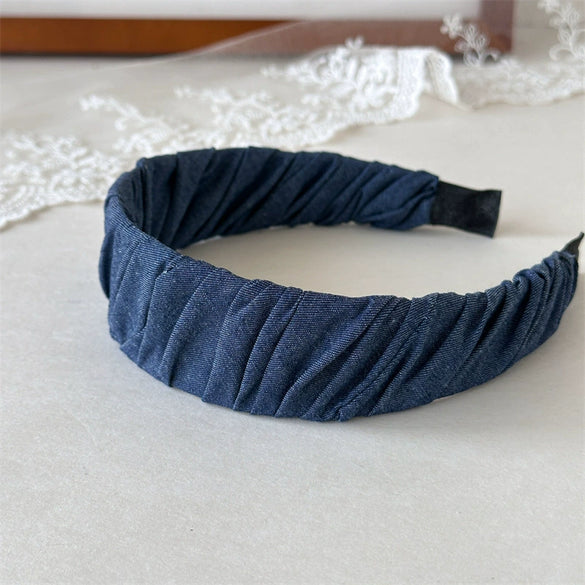 Hair Hoop Headband Hair Clips Mixed Materials Handmade Literary Blue Plaid Pleated Style For Women