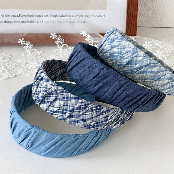 Hair Hoop Headband Hair Clips Mixed Materials Handmade Literary Blue Plaid Pleated Style For Women