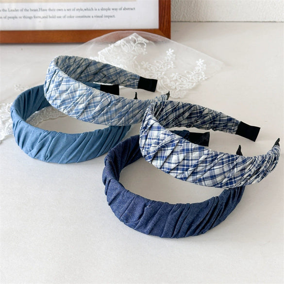 Hair Hoop Headband Hair Clips Mixed Materials Handmade Literary Blue Plaid Pleated Style For Women
