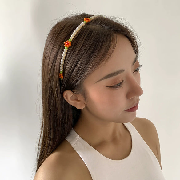 Hair Hoop Metal Daisy Flower Rice Bead Imitation Pearl Pastoral Style Geometric Hair Accessories