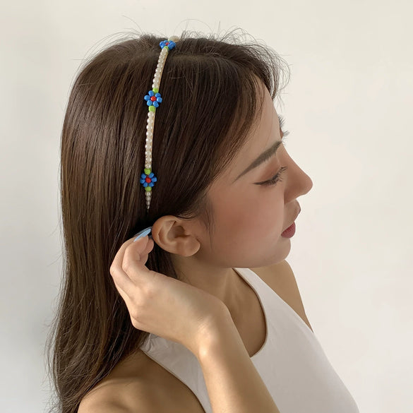 Hair Hoop Metal Daisy Flower Rice Bead Imitation Pearl Pastoral Style Geometric Hair Accessories