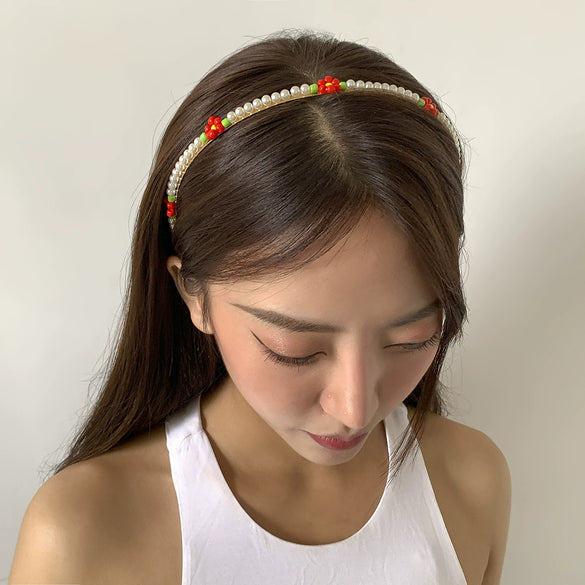 Hair Hoop Metal Daisy Flower Rice Bead Imitation Pearl Pastoral Style Geometric Hair Accessories