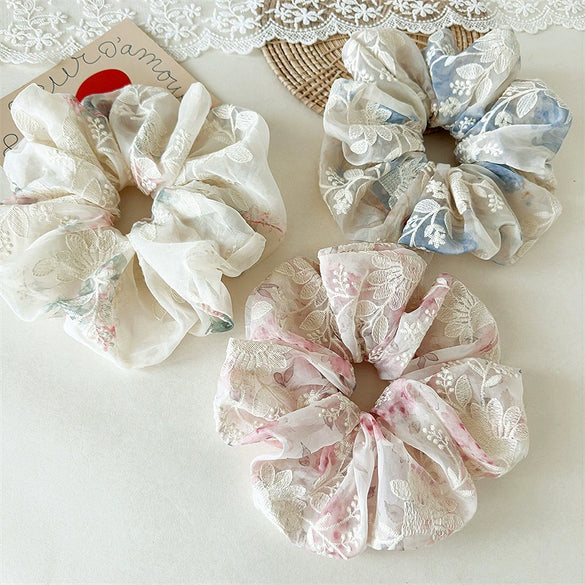 Hair Ring Fabric Handmade Embroidered Flower Design For Women